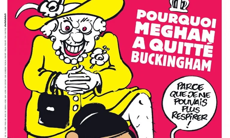 Шарли Ебдо с карикатура: Кралицата, притиснала с коляно врата на Меган Маркъл - Tribune.bg