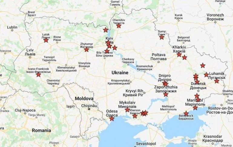карта на ударените райони в Украйна от Русия
