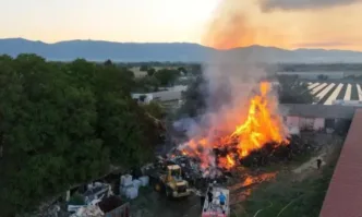 Пламъци обхванаха двора на фабриката за преработка на дървесина в