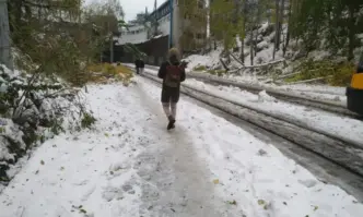 Блокиран тротоар заринат от вече заледен непочистен сняг изпочупени клони