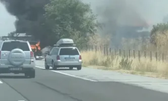 Пожар на АМ Тракия след запалена кола, огънят обхвана и нива край пътя (СНИМКИ)